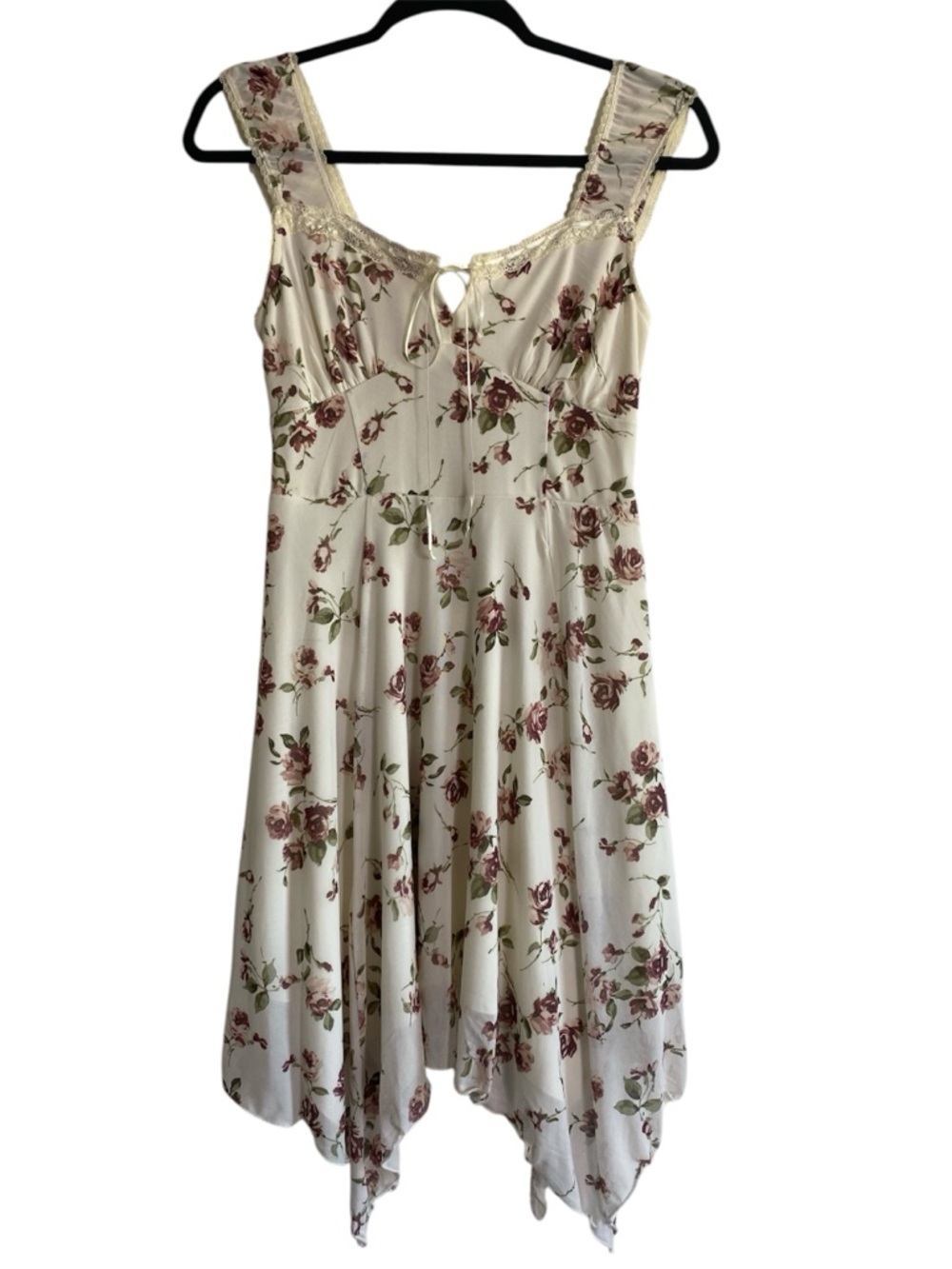Kirious Los Angeles Floral Mini Dress Lace Trim Handkerchief Hem Cottagecore S
